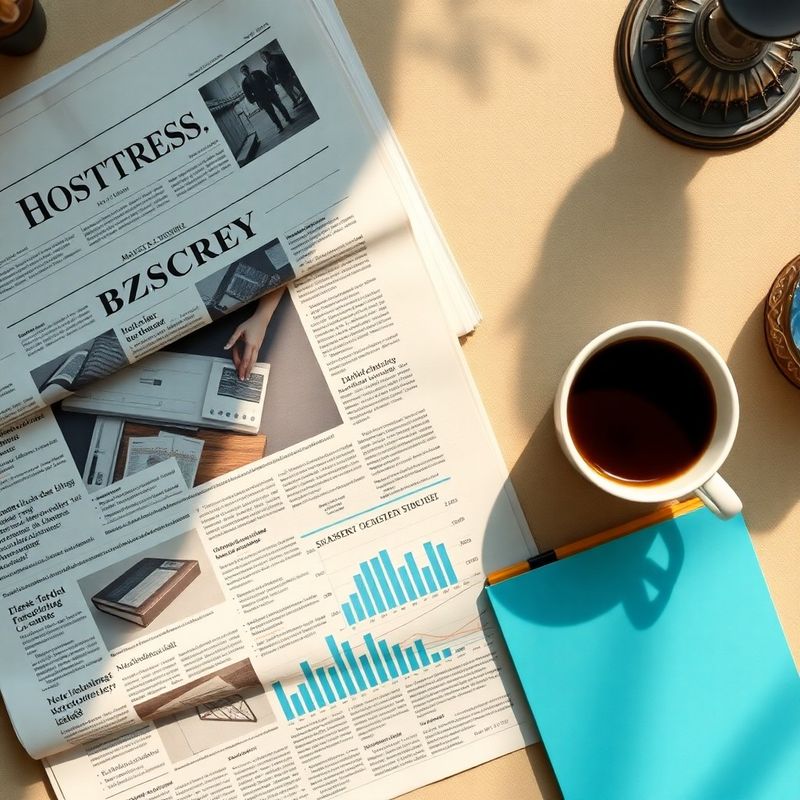 Editoriální zátiší s datovými výtisky, novinami a hrnkem kávy
